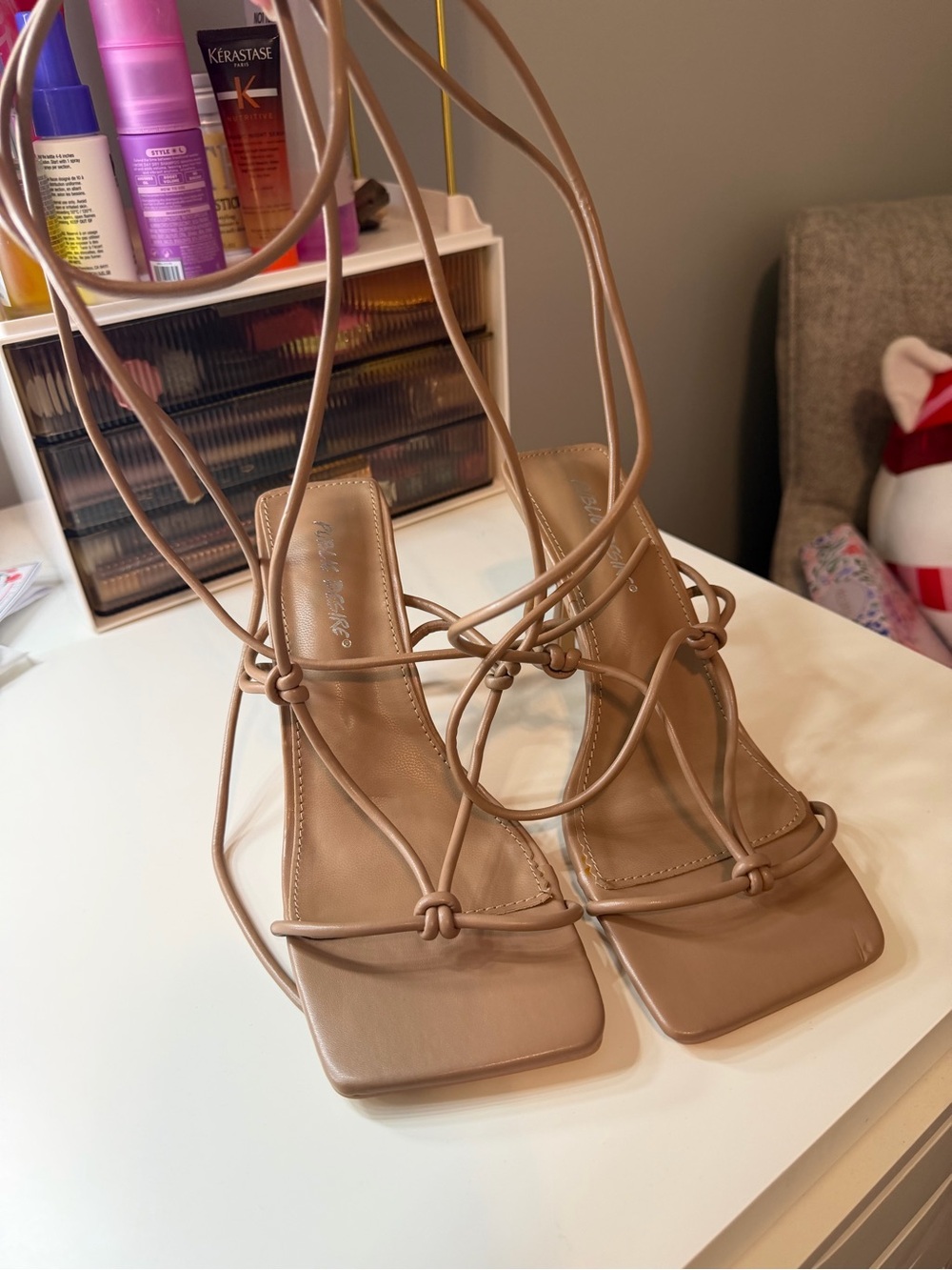 Public desire nude lace up heels